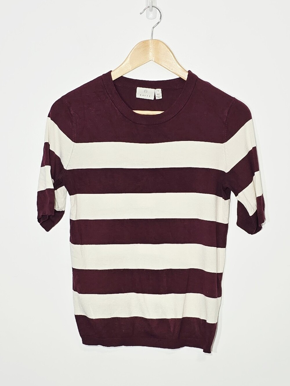 KAFFE Ivory Burgundy Nautical Strips Knitted Short Sleeve Sweater Size Small